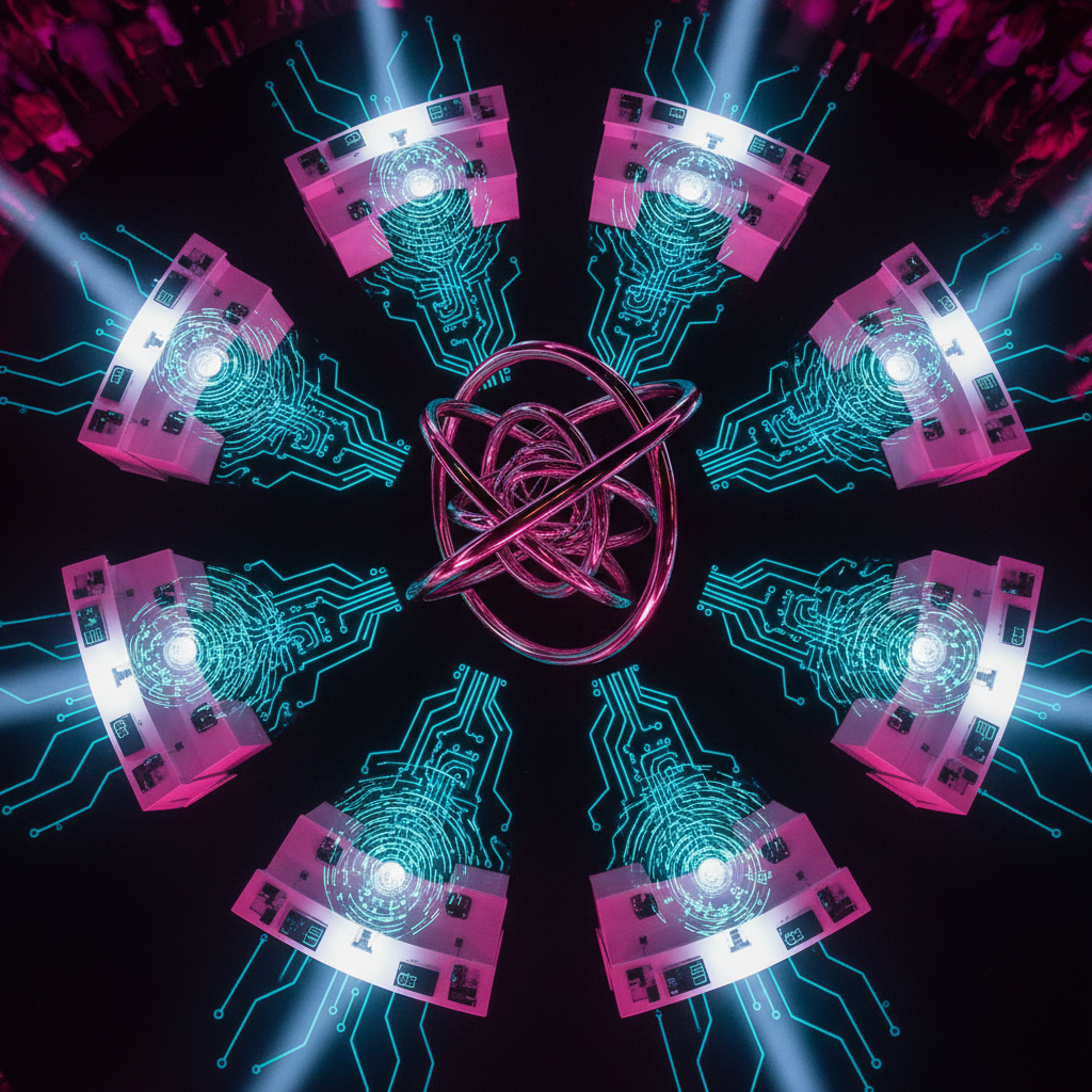 A high-contrast, photographic overhead view of a circular outdoor festival lab zone, where sleek, white modular workstations form a glowing ring around a central kinetic sculpture of interlocking metallic toruses representing entangled qubits. Each workstation surface displays holographic projections of molecular simulations that ripple outward like sound waves. The surrounding ground is a dark, matte surface inlaid with luminous circuit patterns that radiate from the center. Cool, focused spotlights highlight each station, while a vivid magenta ambient glow washes the area, creating deep, dramatic shadows. The composition is precise and symmetrical, bold and futuristic, visually communicating a playground where hands-on science experimentation meets the energy and spectacle of an EDM festival.