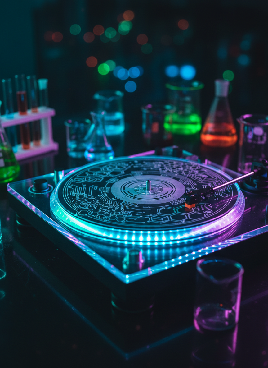 A close-up, photographic shot of a transparent acrylic turntable whose platter is etched with intricate hexagonal molecular structures and quantum circuit motifs. Beneath the platter, embedded RGB LEDs emit saturated teal and ultraviolet purples that refract through the clear material like a mini particle collider. The turntable sits on a polished black lab bench with scattered lab glassware filled with fluorescent liquids glowing under soft UV club lighting. Shot from a slightly elevated macro perspective with shallow depth of field, the molecular etchings are tack-sharp while the background melts into a colorful, abstract bokeh. The mood is bold, experimental, and meticulously engineered, visually uniting EDM hardware with advanced chemistry and quantum computing design language.