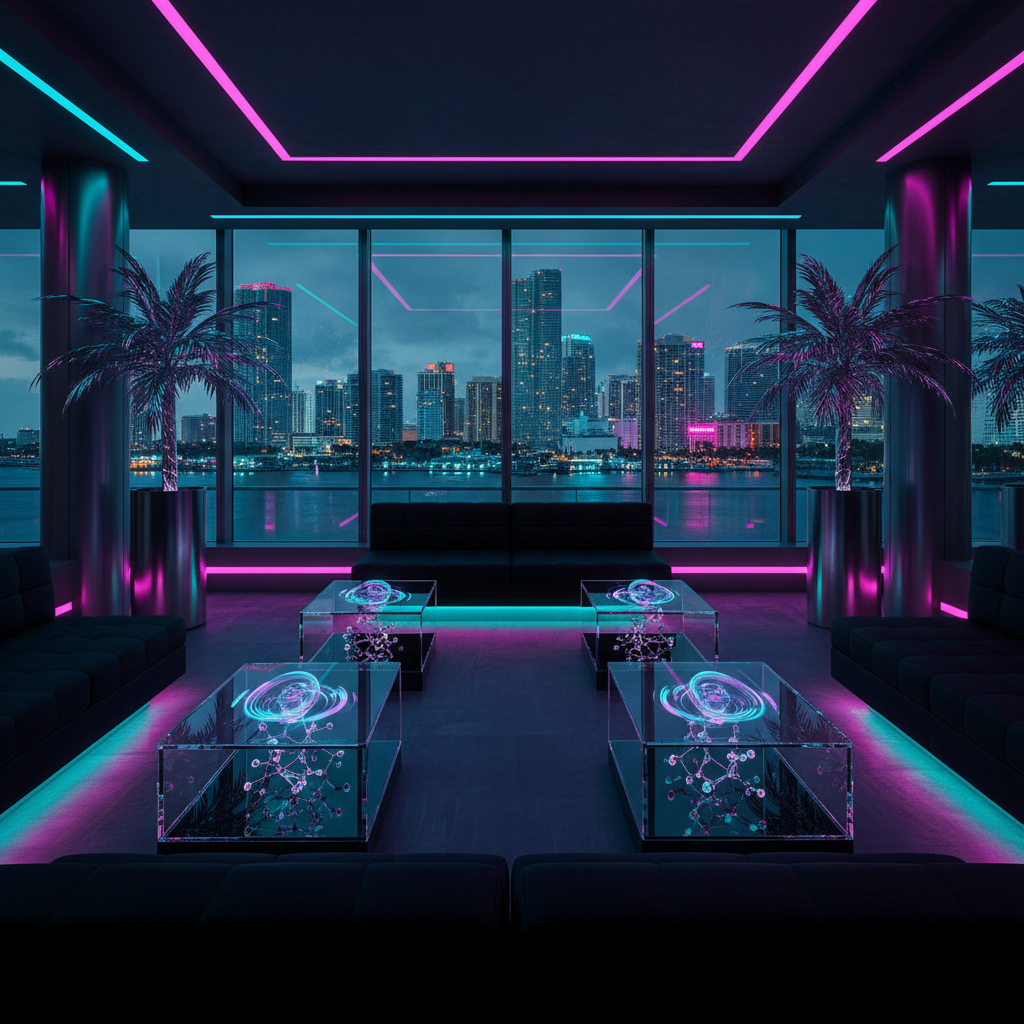 A VIP lounge environment rendered in photographic realism, where low, matte-black modular couches form geometric patterns around transparent coffee tables filled with suspended holographic molecular models and spinning qubits. The lounge overlooks a panoramic window revealing Miami’s skyline streaked with neon reflections from the bay. Lighting comes from recessed strips along the floor and ceiling, emitting saturated magenta and cyan, creating crisp highlights on brushed metal planters holding sculptural, chrome-plated palm fronds. Captured from an eye-level, wide-angle perspective with strong leading lines toward the window, the composition feels bold and luxurious, merging the atmosphere of an exclusive nightclub with the visual language of a cutting-edge quantum research hub.