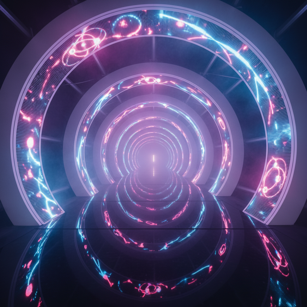 An immersive, tunnel-like festival entrance constructed as a series of concentric rings made from glossy white composite material, each ring embedded with animated LED patterns of collapsing wavefunctions and rotating molecular orbitals. The floor is a dark, reflective surface that mirrors the graphics above, amplifying the sense of infinite depth. Subtle artificial fog diffuses intense, color-shifting lights that cycle through electric pinks, blues, and violets. Photographic realism emphasizes crisp reflections and the precise edges of the architecture. Shot from a low, centered perspective looking straight down the tunnel, the composition creates a powerful, bold sense of being drawn into a realm where EDM, quantum computing, and molecular science seamlessly converge.