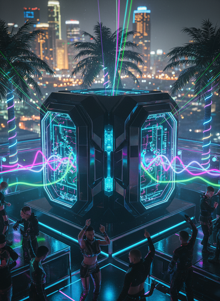 A massive, glossy black DJ booth shaped like a quantum computer core dominates the center of a futuristic Miami rooftop club. Translucent panels reveal glowing circuitry and tiny, animated molecular models pulsing in sync with neon sound waves. Surrounding it, palm trees are wrapped in fiber-optic strands radiating electric blues, magentas, and acid greens. Sharp, photographic realism captures laser beams slicing through a light haze, reflecting off chrome railings and mirrored acrylic surfaces. Shot from a slightly low, wide-angle perspective, the scene feels bold and immersive, with crisp focus in the foreground and subtle bokeh city lights in the distance, embodying the collision of cutting-edge science and high-energy EDM nightlife.