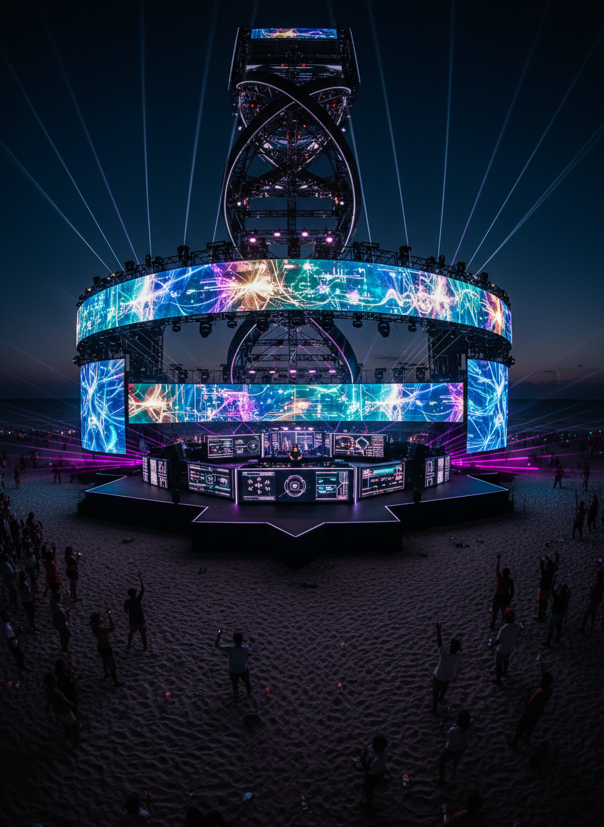 An ultra-modern main stage on Miami Beach, built as a towering lattice of carbon fiber trusses shaped like a double helix, supports a panoramic LED wall visualizing flowing quantum wavefunctions. At the center, a sleek, black modular console is covered in glowing touchscreens showing circuit diagrams and molecular orbitals reacting to invisible beats. Photographic realism highlights the granular texture of sand, scattered LED bracelets, and reflective metallic surfaces. Vivid magenta and cyan spotlights slice across a humid night sky, casting dramatic, angular shadows. Captured from an elevated three-quarter angle with sharp focus and deep depth of field, the composition feels bold and cinematic, an epic fusion of festival spectacle and high-tech research aesthetics.